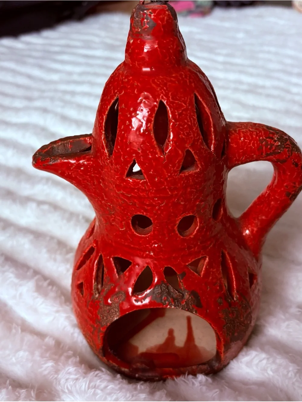 Rustic Red Pottery Lantern Candle Holder Hanging Tea Light Decor